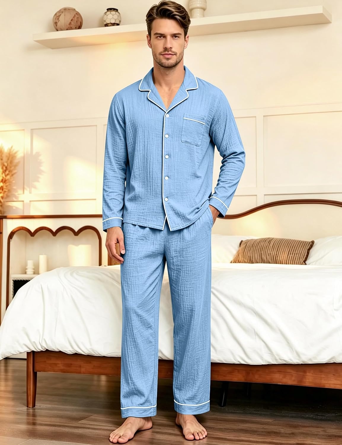 image:imageSWOMOG Mens 100 Cotton Pajama Set Pjs Long Sleeve Sleepwear with PocketsNavy