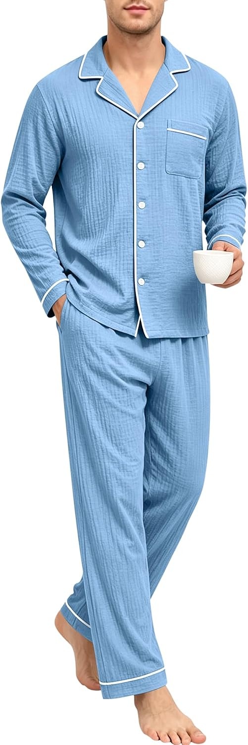 image:imageSWOMOG Mens 100 Cotton Pajama Set Pjs Long Sleeve Sleepwear with PocketsNavy