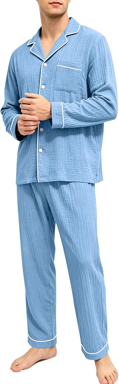 image:imageSWOMOG Mens 100 Cotton Pajama Set Pjs Long Sleeve Sleepwear with PocketsNavy