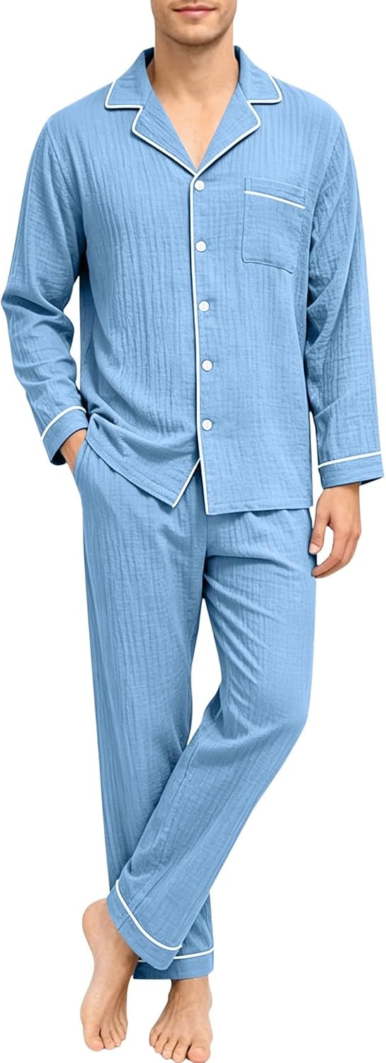 image:imageSWOMOG Mens 100 Cotton Pajama Set Pjs Long Sleeve Sleepwear with PocketsNavy