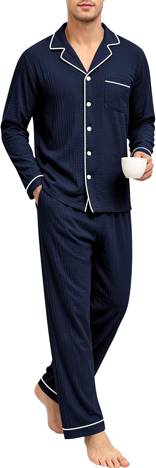 image:imageSWOMOG Mens 100 Cotton Pajama Set Pjs Long Sleeve Sleepwear with PocketsNavy Blue