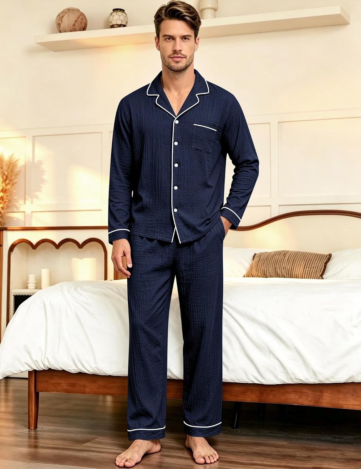 image:imageSWOMOG Mens 100 Cotton Pajama Set Pjs Long Sleeve Sleepwear with PocketsNavy Blue