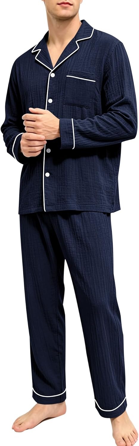 image:imageSWOMOG Mens 100 Cotton Pajama Set Pjs Long Sleeve Sleepwear with PocketsNavy Blue