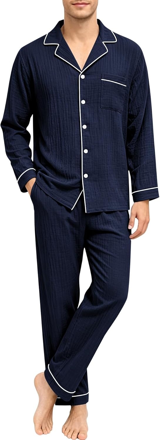 image:imageSWOMOG Mens 100 Cotton Pajama Set Pjs Long Sleeve Sleepwear with PocketsNavy Blue