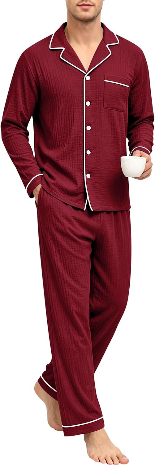 image:imageSWOMOG Mens 100 Cotton Pajama Set Pjs Long Sleeve Sleepwear with PocketsWine Red