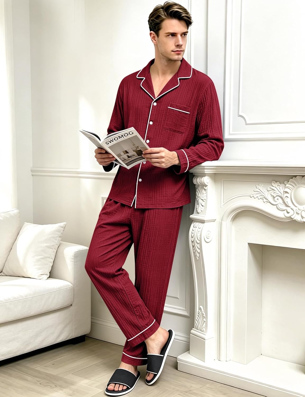 image:imageSWOMOG Mens 100 Cotton Pajama Set Pjs Long Sleeve Sleepwear with PocketsWine Red