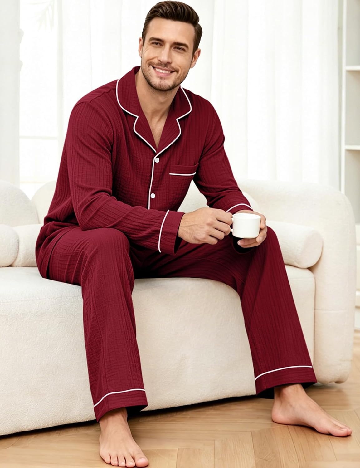 image:imageSWOMOG Mens 100 Cotton Pajama Set Pjs Long Sleeve Sleepwear with PocketsWine Red