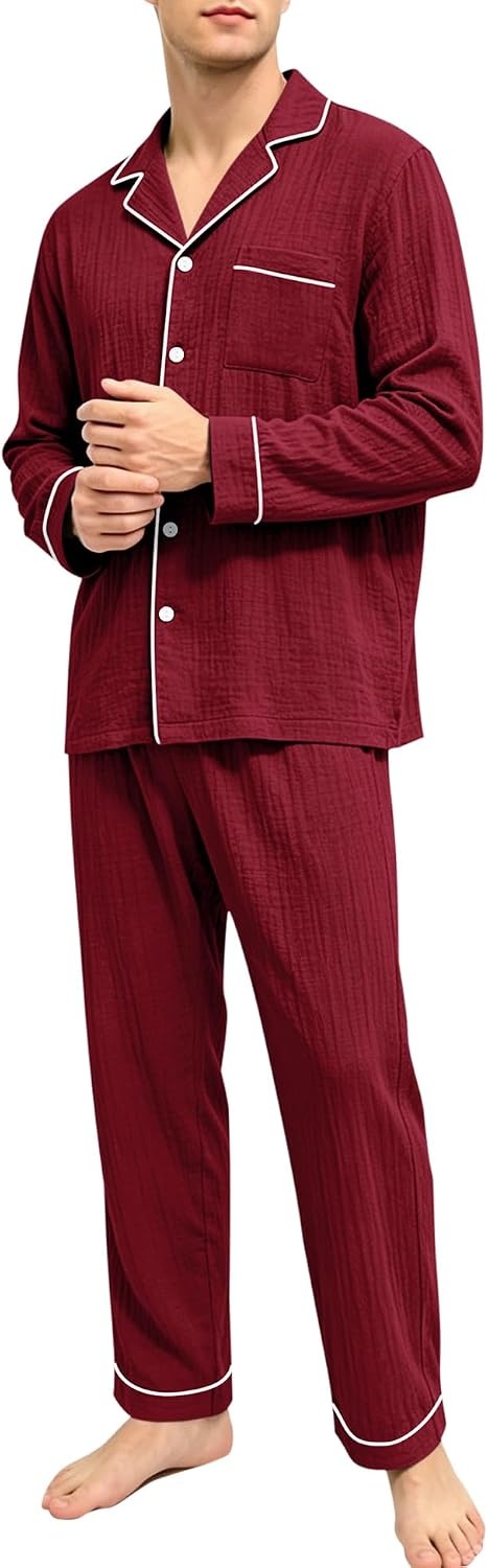 image:imageSWOMOG Mens 100 Cotton Pajama Set Pjs Long Sleeve Sleepwear with PocketsWine Red