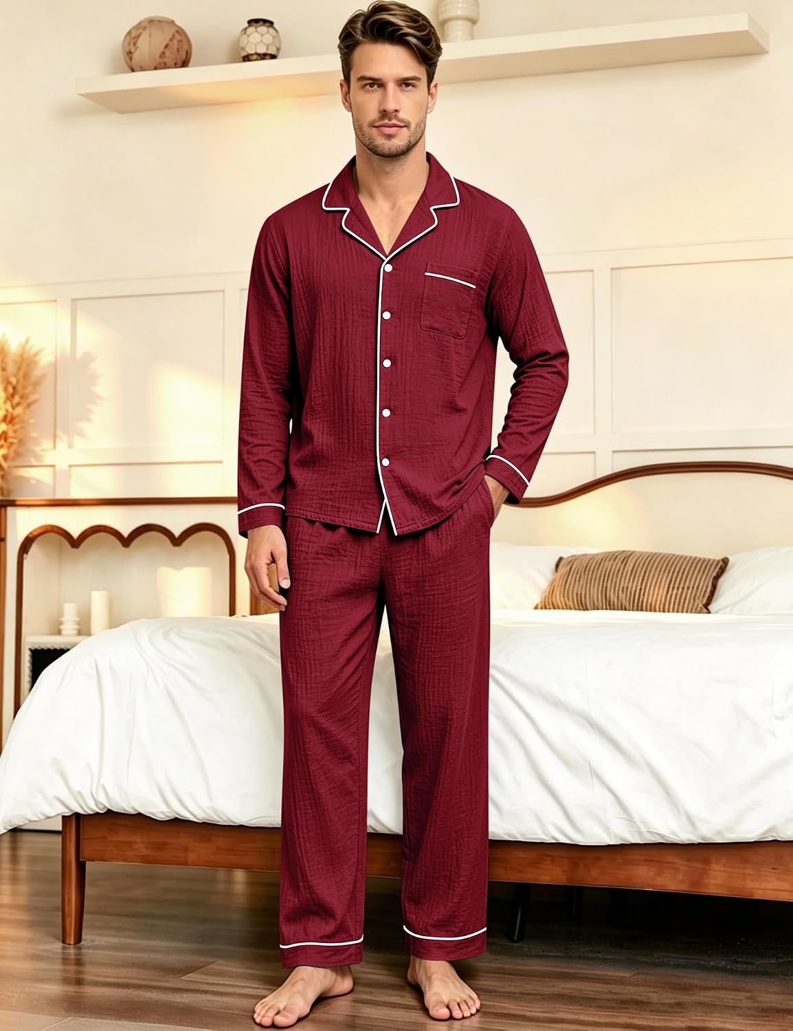 image:imageSWOMOG Mens 100 Cotton Pajama Set Pjs Long Sleeve Sleepwear with PocketsWine Red