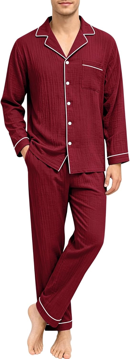 image:imageSWOMOG Mens 100 Cotton Pajama Set Pjs Long Sleeve Sleepwear with PocketsWine Red