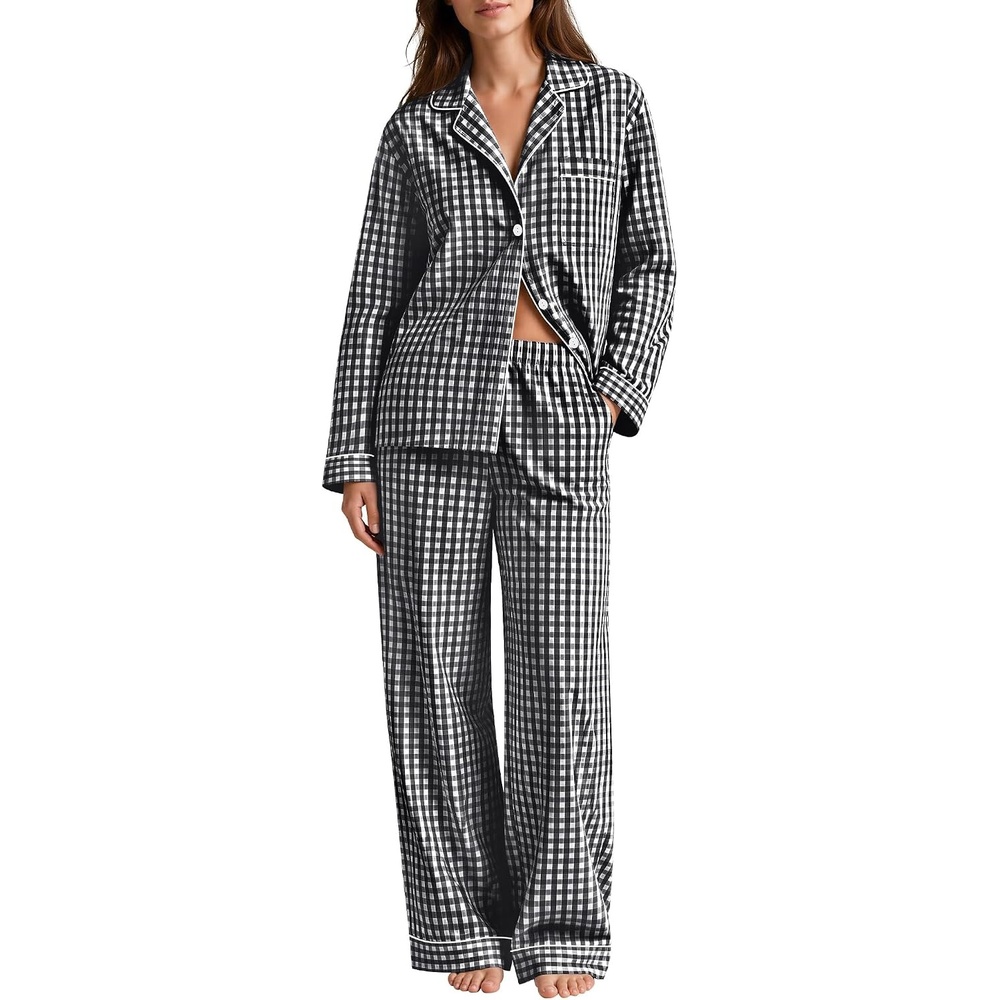 image:imageSWOMOG 100 Cotton Women Pajamas Set Long Sleeve Sleepwear 2 PCS Loungewear Set Button Down Pjs Set with PocketsBlack White Plaid