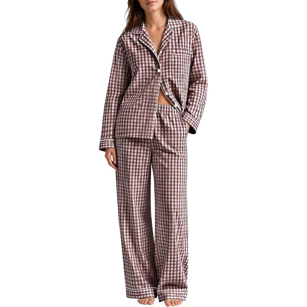 image:imageSWOMOG 100 Cotton Women Pajamas Set Long Sleeve Sleepwear 2 PCS Loungewear Set Button Down Pjs Set with PocketsBrown White Plaid