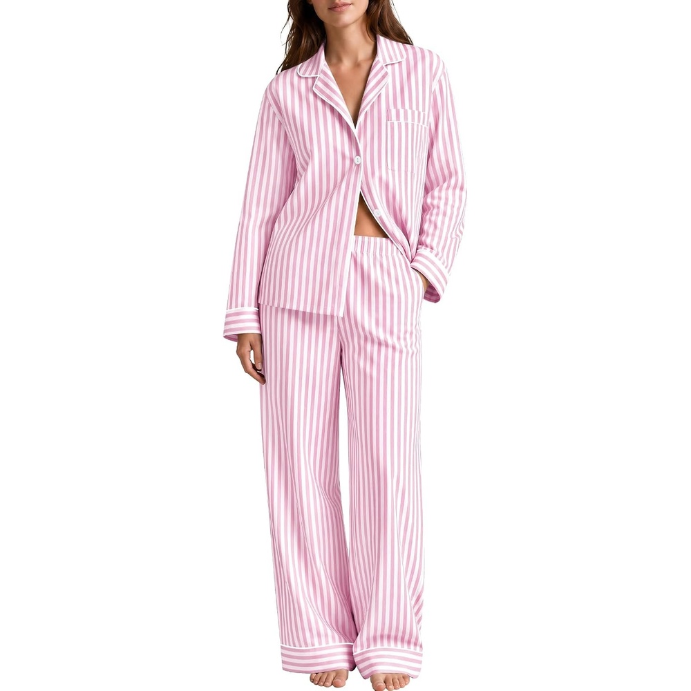 image:imageSWOMOG 100 Cotton Women Pajamas Set Long Sleeve Sleepwear 2 PCS Loungewear Set Button Down Pjs Set with PocketsPink White Stripes