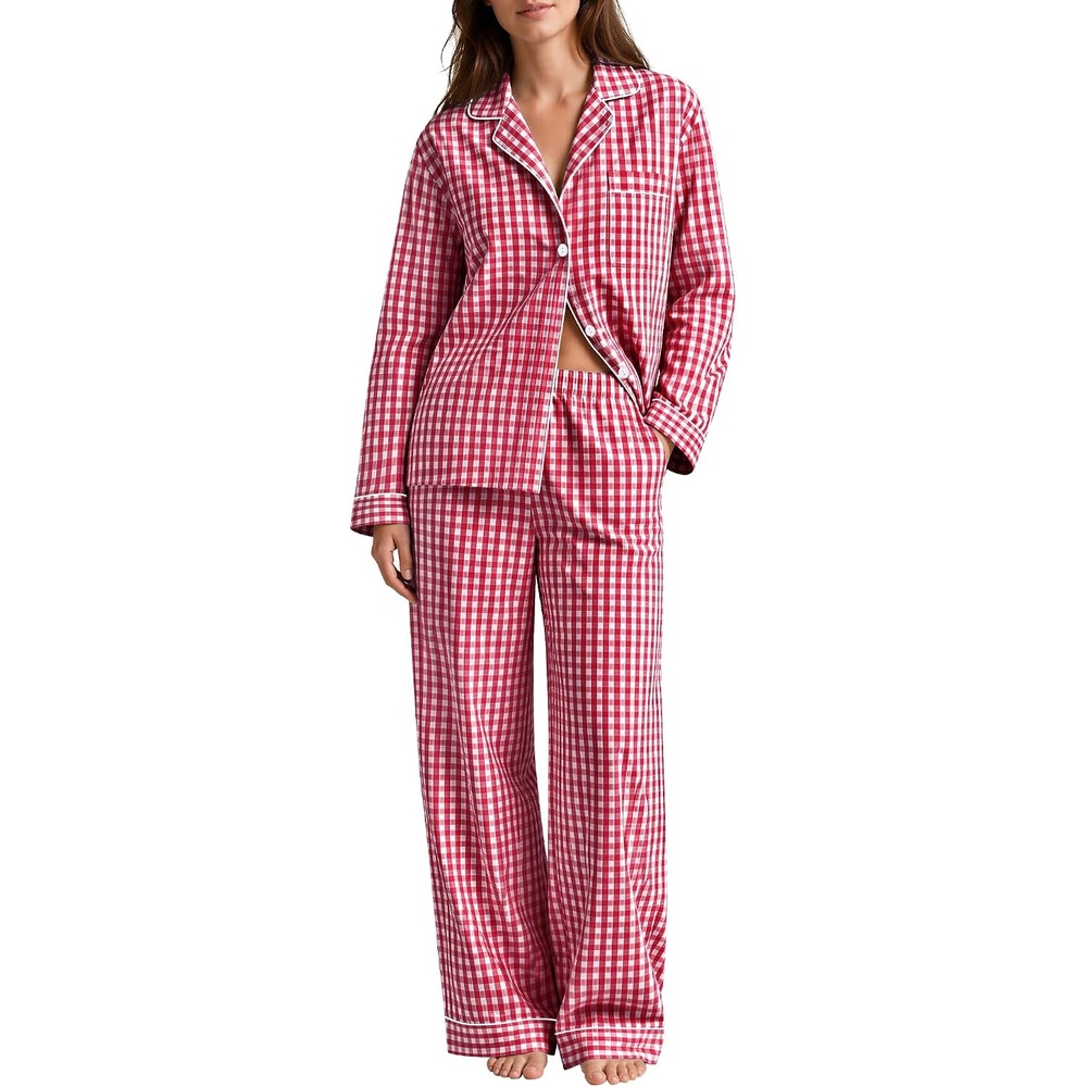 image:imageSWOMOG 100 Cotton Women Pajamas Set Long Sleeve Sleepwear 2 PCS Loungewear Set Button Down Pjs Set with PocketsWine Red White Plaid