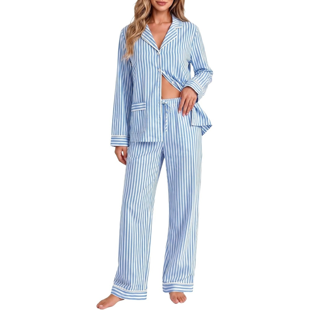 image:imageSWOMOG 100 Cotton Women Pajamas Set Long Sleeve Sleepwear Button Down Lounge Set 2 Piece Nightwear with PocketBlue White Stripes