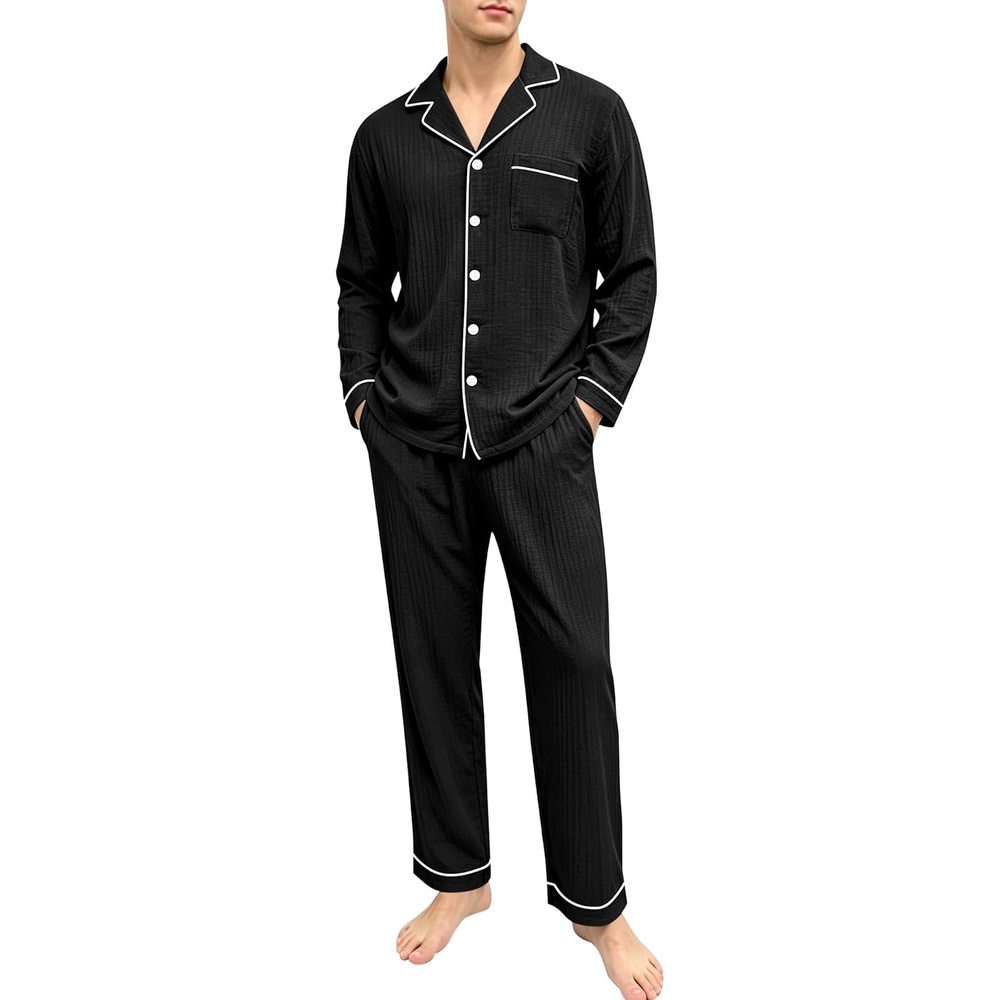 image:imageSWOMOG Mens 100 Cotton Pajama Set Pjs Long Sleeve Sleepwear with PocketsBlack