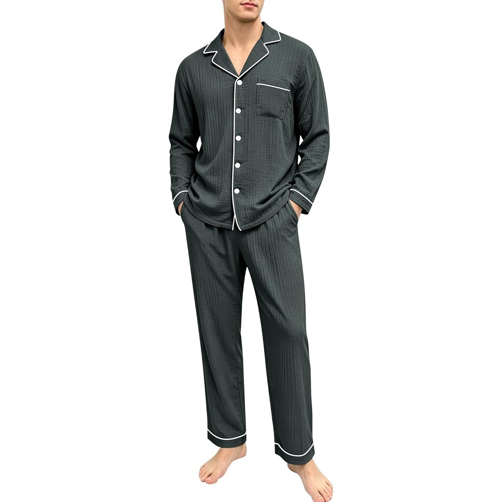image:imageSWOMOG Mens 100 Cotton Pajama Set Pjs Long Sleeve Sleepwear with PocketsDeep Grey