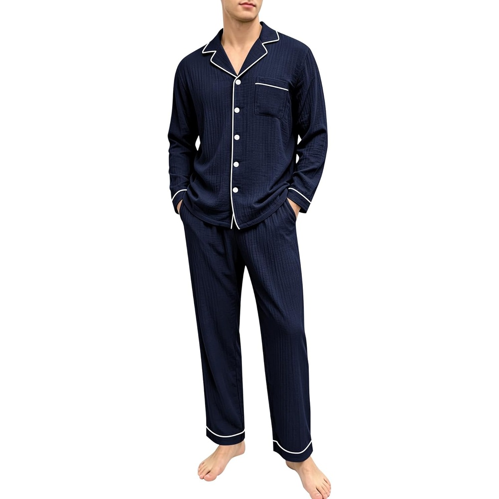 image:imageSWOMOG Mens 100 Cotton Pajama Set Pjs Long Sleeve Sleepwear with PocketsNavy Blue