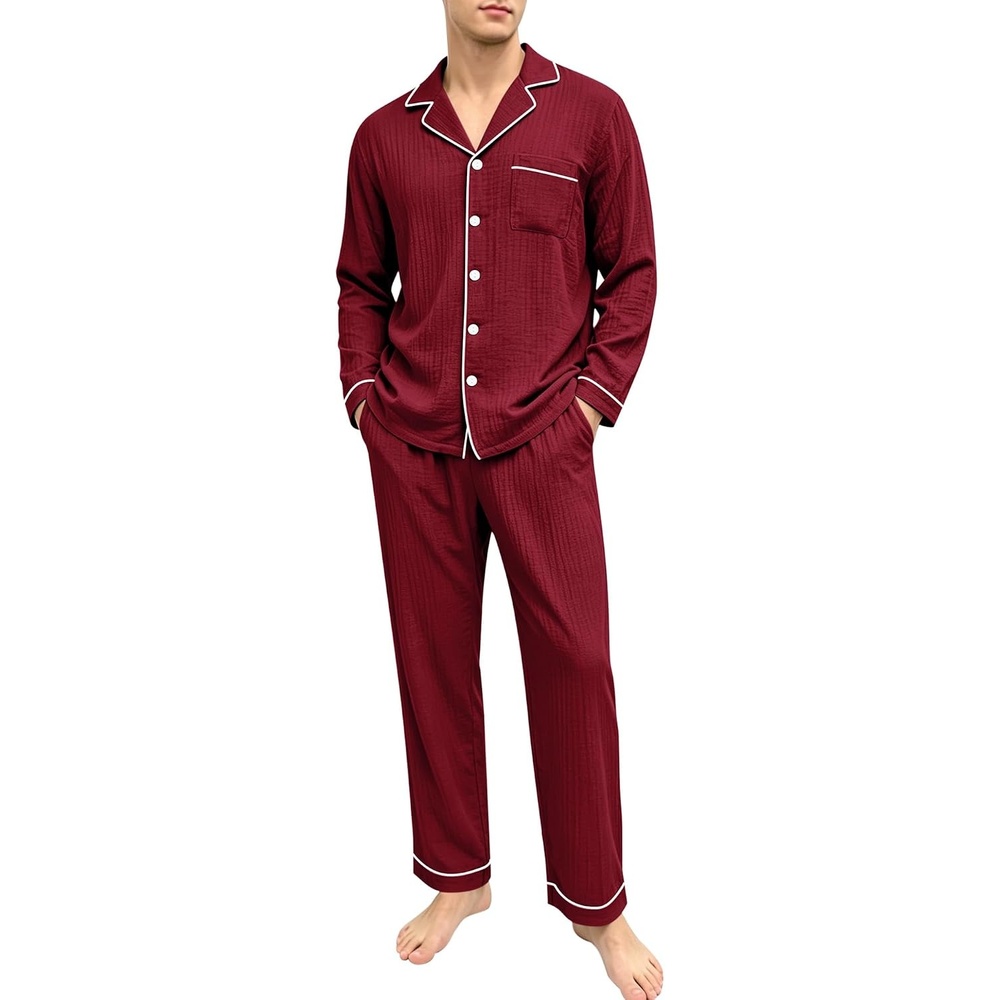 image:imageSWOMOG Mens 100 Cotton Pajama Set Pjs Long Sleeve Sleepwear with PocketsWine Red