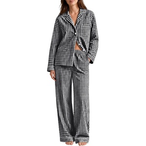 SWOMOG 100% Cotton Women Pajamas Set Long Sleeve Sleepwear 2 PCS Loungewear Set Button Down Pjs Set with Pockets(Black White Plaid)