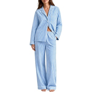 SWOMOG 100% Cotton Women Pajamas Set Long Sleeve Sleepwear 2 PCS Loungewear Set Button Down Pjs Set with Pockets(Blue White Plaid)