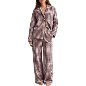 SWOMOG 100% Cotton Women Pajamas Set Long Sleeve Sleepwear 2 PCS Loungewear Set Button Down Pjs Set with Pockets(Brown White Plaid)