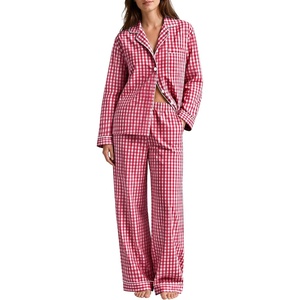 SWOMOG 100% Cotton Women Pajamas Set Long Sleeve Sleepwear 2 PCS Loungewear Set Button Down Pjs Set with Pockets(Wine Red White Plaid)