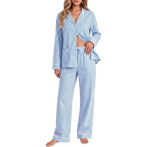 SWOMOG 100% Cotton Women Pajamas Set Long Sleeve Sleepwear Button Down Lounge Set 2 Piece Nightwear with Pocket(Blue White Stripes)