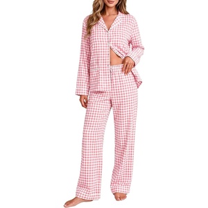 SWOMOG 100% Cotton Women Pajamas Set Long Sleeve Sleepwear Button Down Lounge Set 2 Piece Nightwear with Pocket(Pink White Plaid)