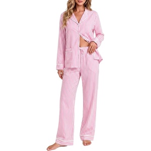 SWOMOG 100% Cotton Women Pajamas Set Long Sleeve Sleepwear Button Down Lounge Set 2 Piece Nightwear with Pocket(Pink White Stripes)