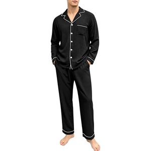 SWOMOG Mens 100% Cotton Pajama Set Pjs Long Sleeve Sleepwear with Pockets(Black)
