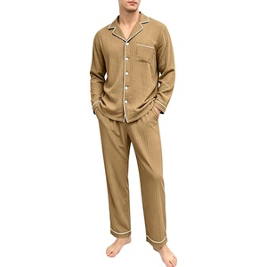 SWOMOG Mens 100% Cotton Pajama Set Pjs Long Sleeve Sleepwear with Pockets(Brown)