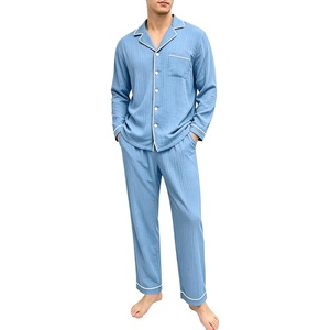 SWOMOG Mens 100% Cotton Pajama Set Pjs Long Sleeve Sleepwear with Pockets(Navy)