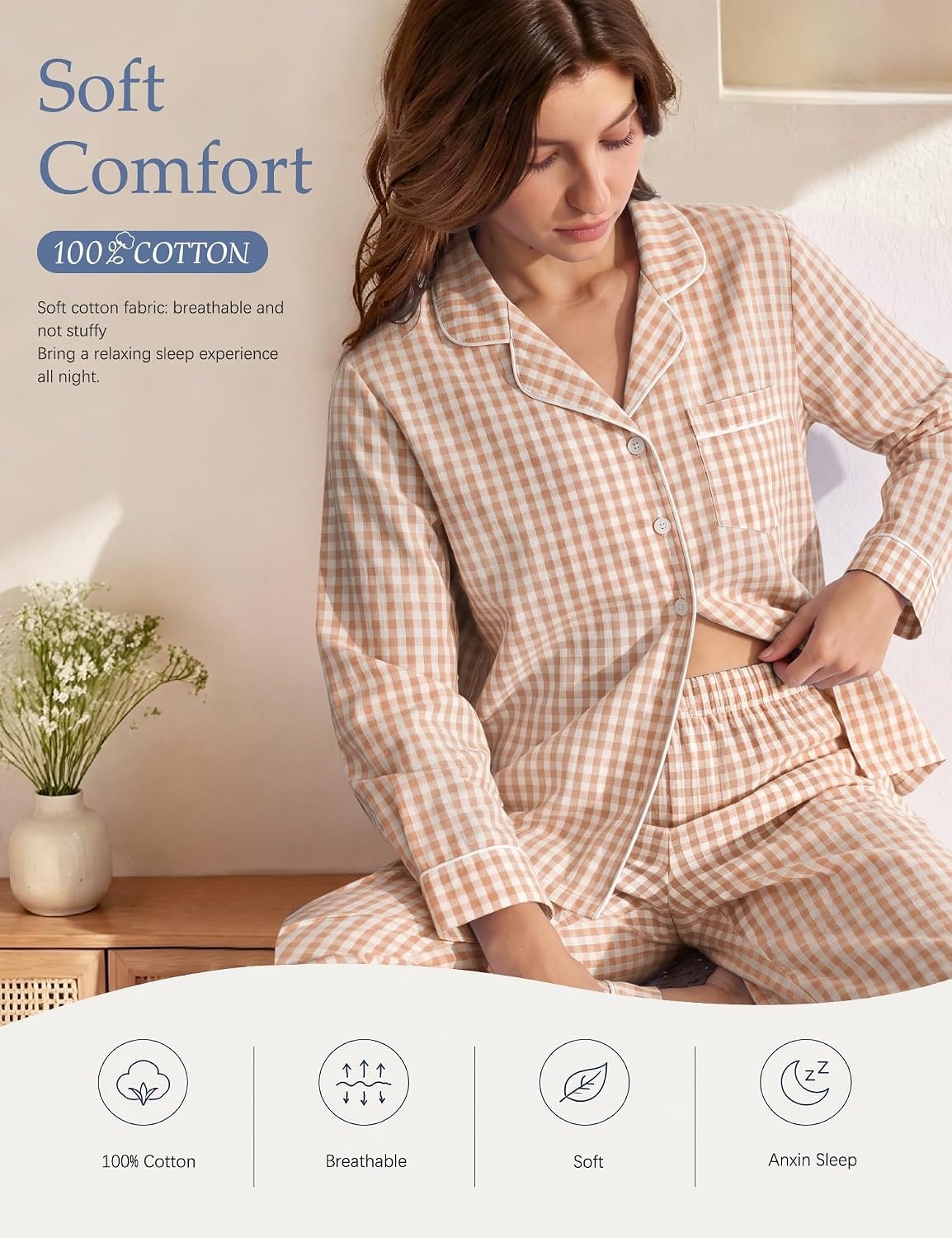 image:imageSWOMOG 100 Cotton Pajama Set for Women 2 PCS Long Sleeve Plaid Pjs Set Button Down Sleepwear with Pants