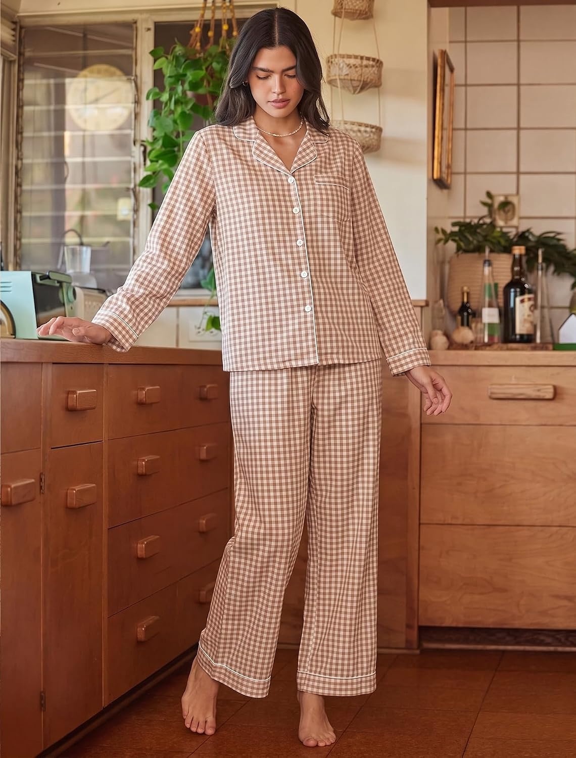image:imageSWOMOG 100 Cotton Pajama Set for Women 2 PCS Long Sleeve Plaid Pjs Set Button Down Sleepwear with Pants