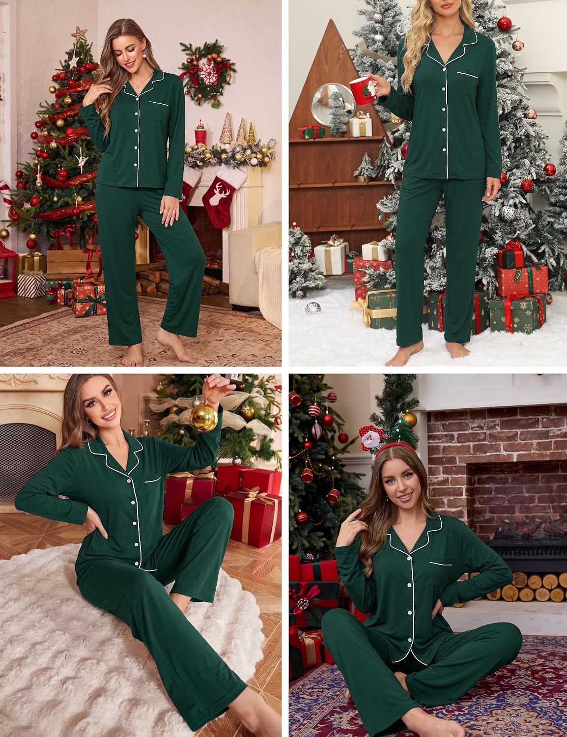 image:imageSWOMOG Family Christmas Pajamas Set Party Holiday Sleepwear Long Sleeve ButtonDown Loungewear SetGreen