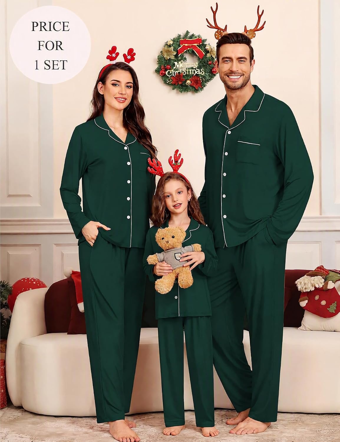 image:imageSWOMOG Family Christmas Pajamas Set Party Holiday Sleepwear Long Sleeve ButtonDown Loungewear SetGreen