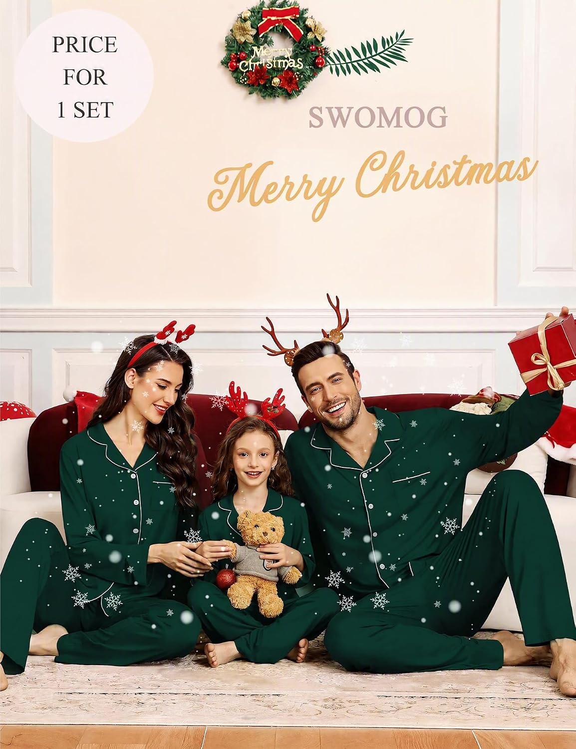 image:imageSWOMOG Family Christmas Pajamas Set Party Holiday Sleepwear Long Sleeve ButtonDown Loungewear SetGreen