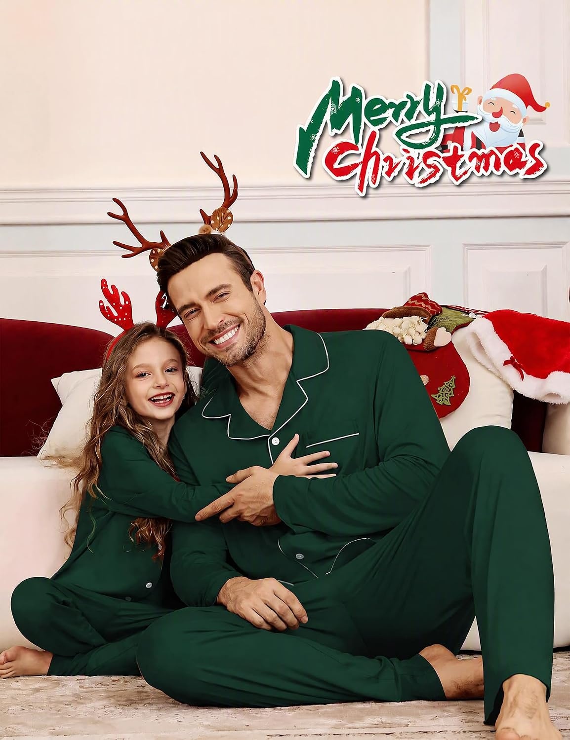 image:imageSWOMOG Family Christmas Pajamas Set Party Holiday Sleepwear Long Sleeve ButtonDown Loungewear SetGreen