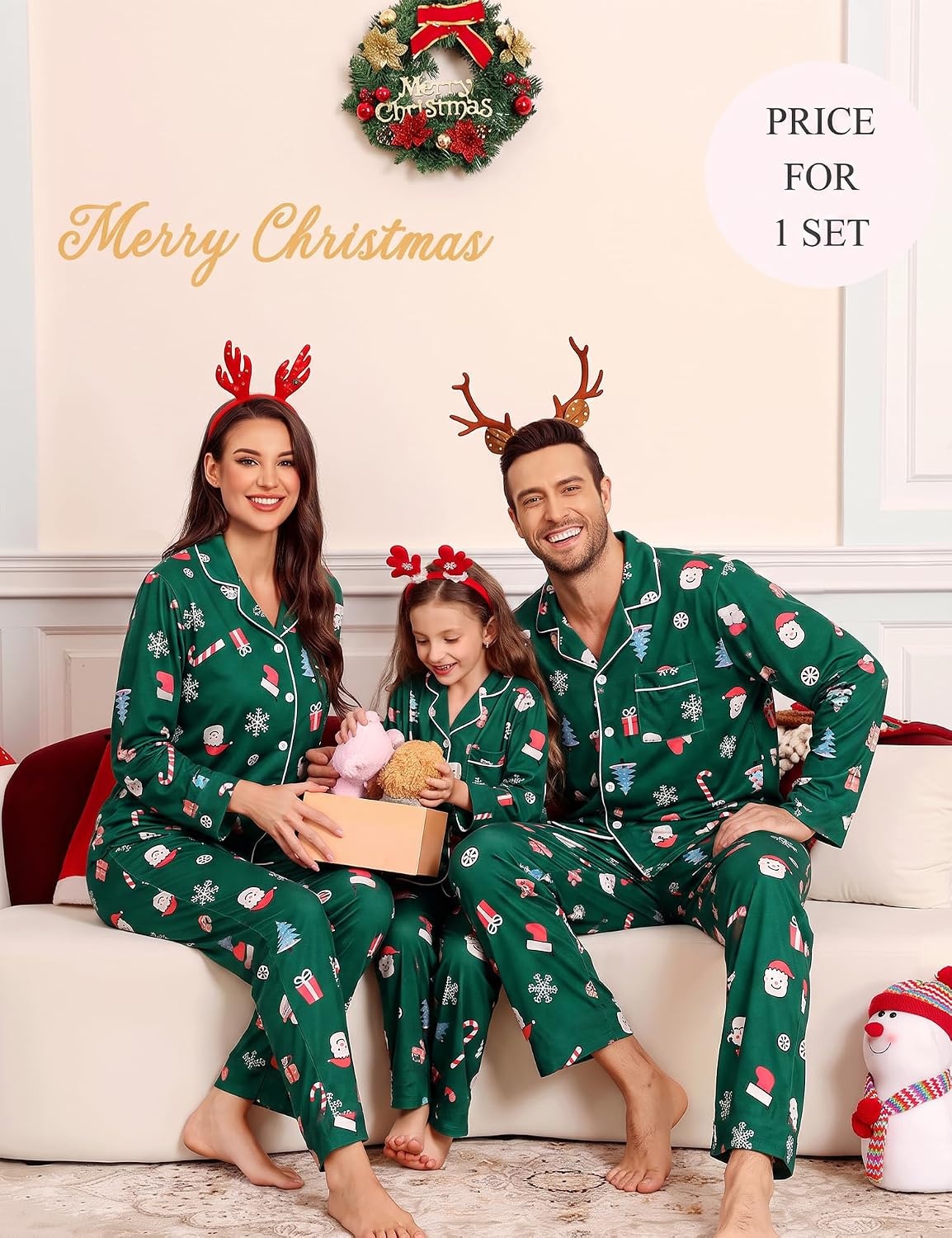 image:imageSWOMOG Family Christmas Pajamas Set Party Holiday Sleepwear Long Sleeve ButtonDown Loungewear SetGreen With Santa Claus