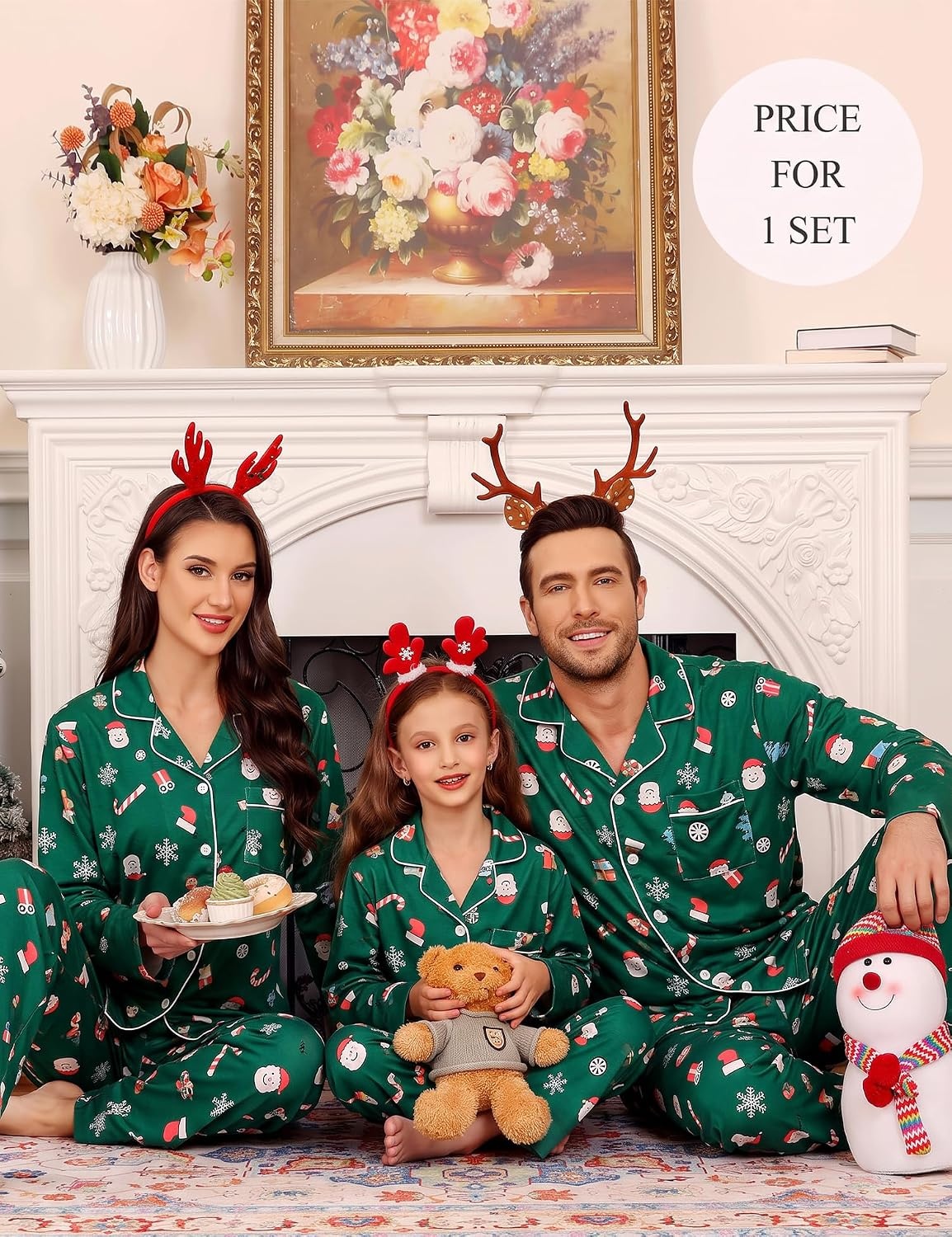 image:imageSWOMOG Family Christmas Pajamas Set Party Holiday Sleepwear Long Sleeve ButtonDown Loungewear SetGreen With Santa Claus