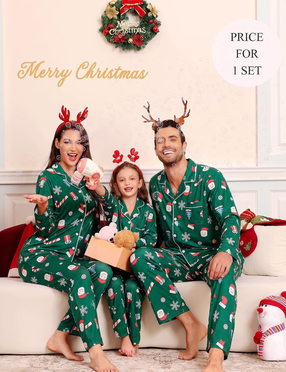 image:imageSWOMOG Family Christmas Pajamas Set Party Holiday Sleepwear Long Sleeve ButtonDown Loungewear SetGreen With Santa Claus