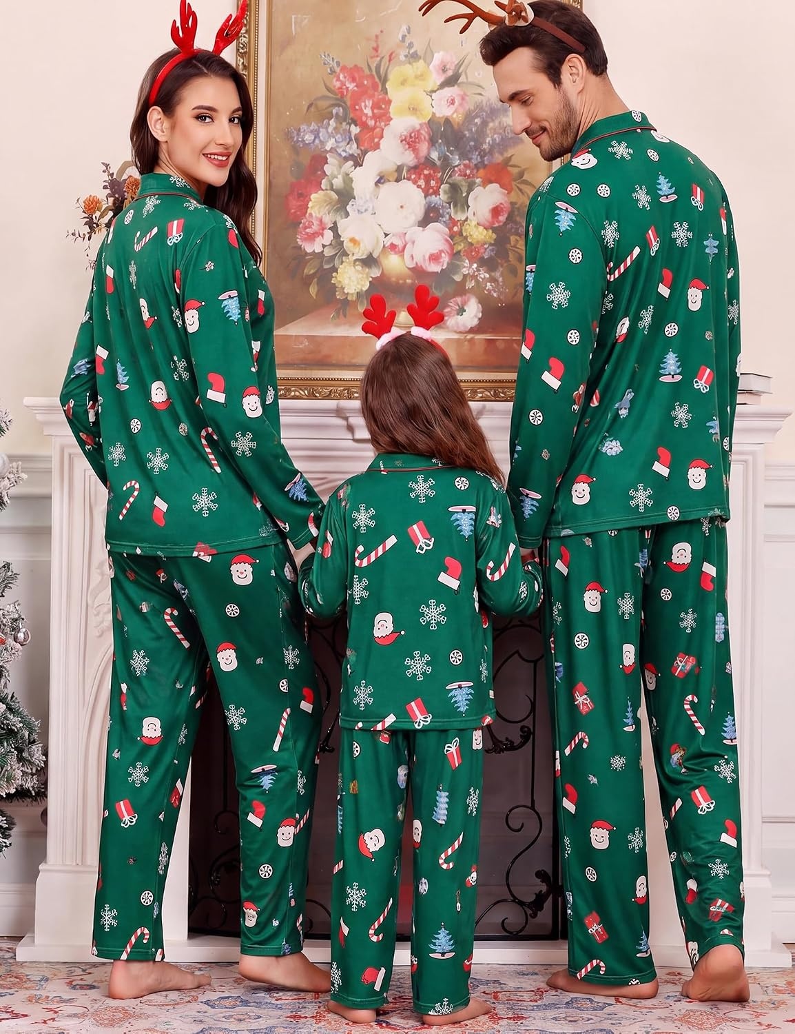 image:imageSWOMOG Family Christmas Pajamas Set Party Holiday Sleepwear Long Sleeve ButtonDown Loungewear SetGreen With Santa Claus