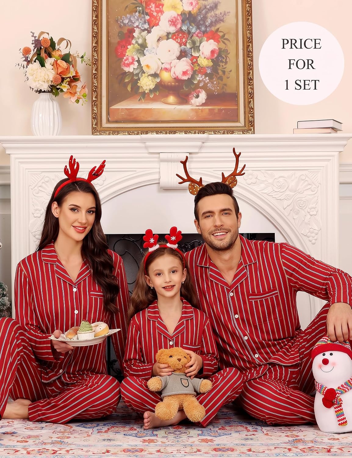 image:imageSWOMOG Family Christmas Pajamas Set Party Holiday Sleepwear Long Sleeve ButtonDown Loungewear SetWine Red Stripe
