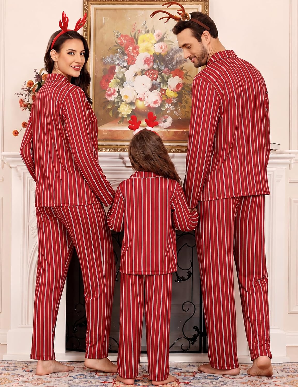 image:imageSWOMOG Family Christmas Pajamas Set Party Holiday Sleepwear Long Sleeve ButtonDown Loungewear SetWine Red Stripe