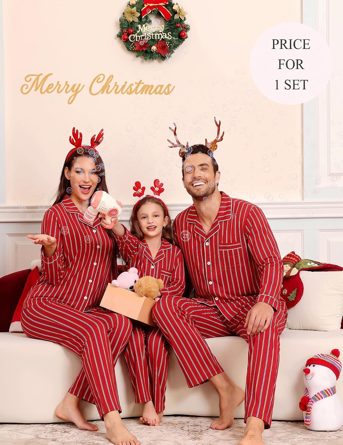 image:imageSWOMOG Family Christmas Pajamas Set Party Holiday Sleepwear Long Sleeve ButtonDown Loungewear SetWine Red Stripe