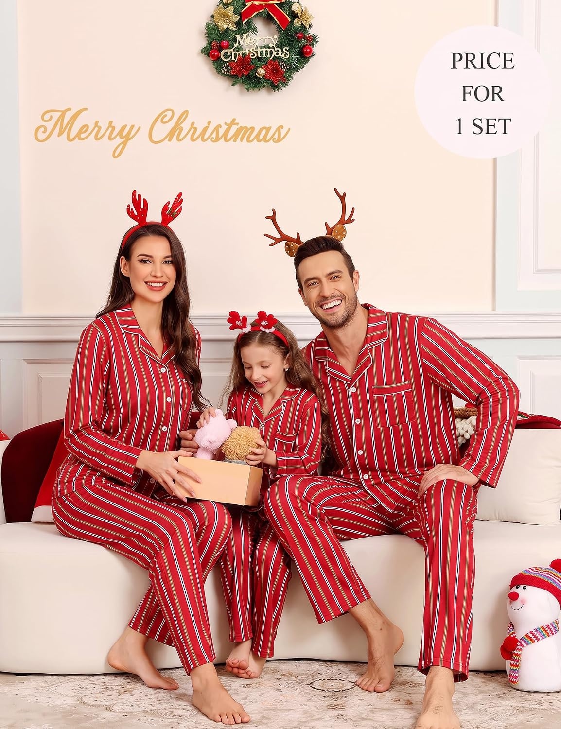 image:imageSWOMOG Family Christmas Pajamas Set Party Holiday Sleepwear Long Sleeve ButtonDown Loungewear SetWine Red Stripe
