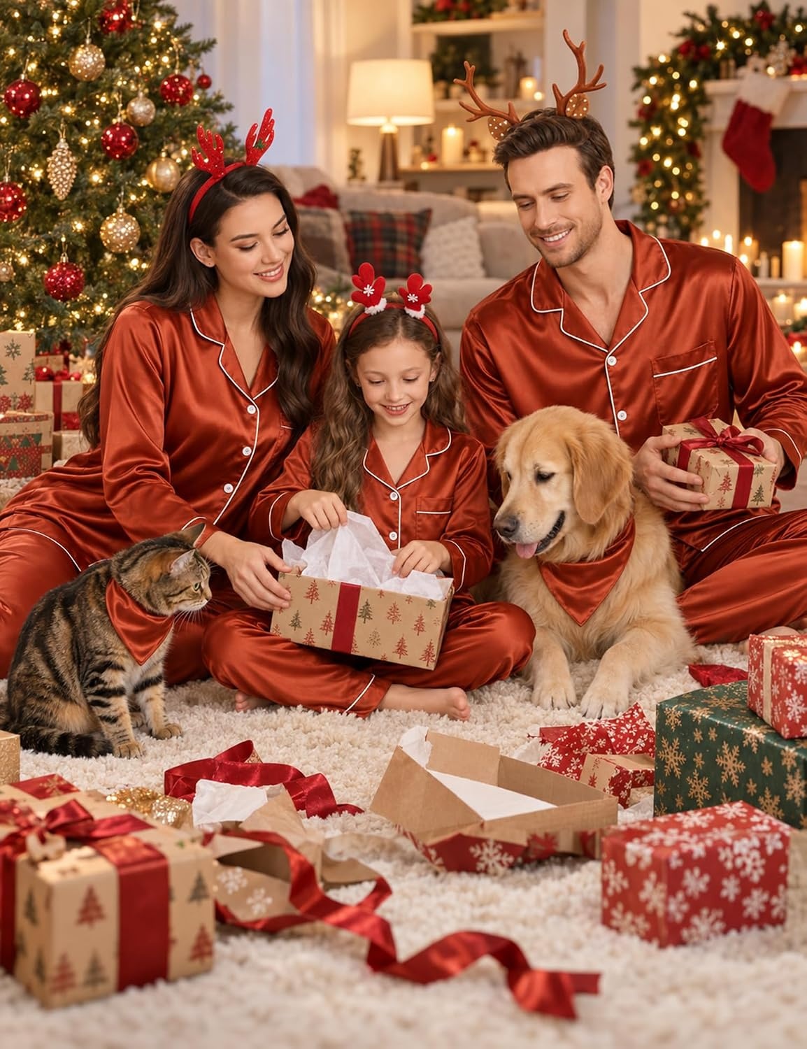 image:imageSWOMOG Family Matching Pajamas Set Silk Satin Button Down Sleepwear Long Sleeve Nightwear 2 Pcs Pj Set SXXLBrown Red