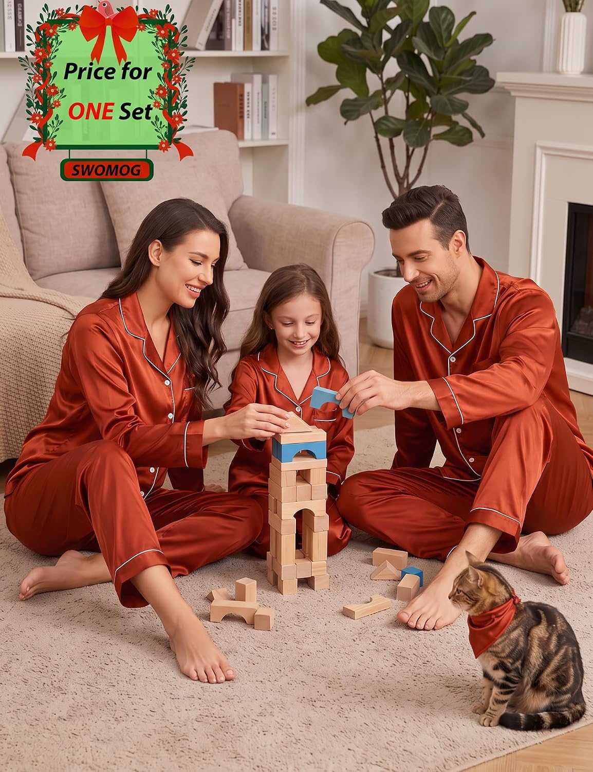 image:imageSWOMOG Family Matching Pajamas Set Silk Satin Button Down Sleepwear Long Sleeve Nightwear 2 Pcs Pj Set SXXLBrown Red