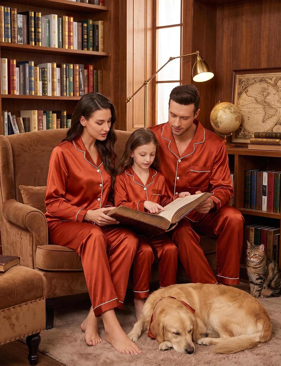 image:imageSWOMOG Family Matching Pajamas Set Silk Satin Button Down Sleepwear Long Sleeve Nightwear 2 Pcs Pj Set SXXLBrown Red
